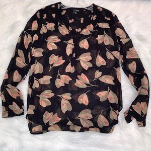 Lucky Brand Sheer Black, Leaf Print Blouse Size XS